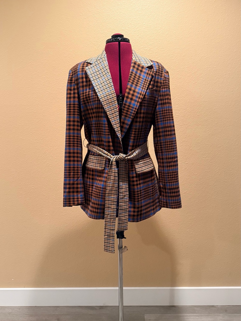 Checked Belted Wool-Blend Blazer in Brown & Blue